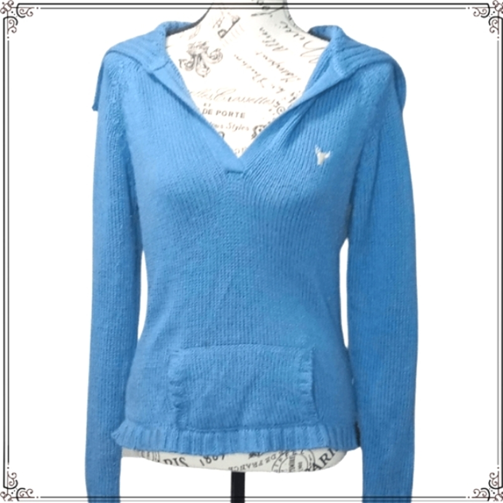 Energie Blue Long Collar V-Neck Knit Sweater w/ Kangaroo Pocket Size XL